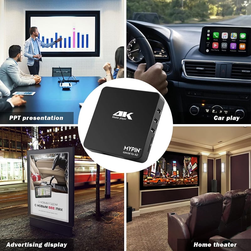 MYPIN 4K 60Hz médialejátszó 8TB HDD/256GB USB/SD kártyához HDMI AV kimenettel