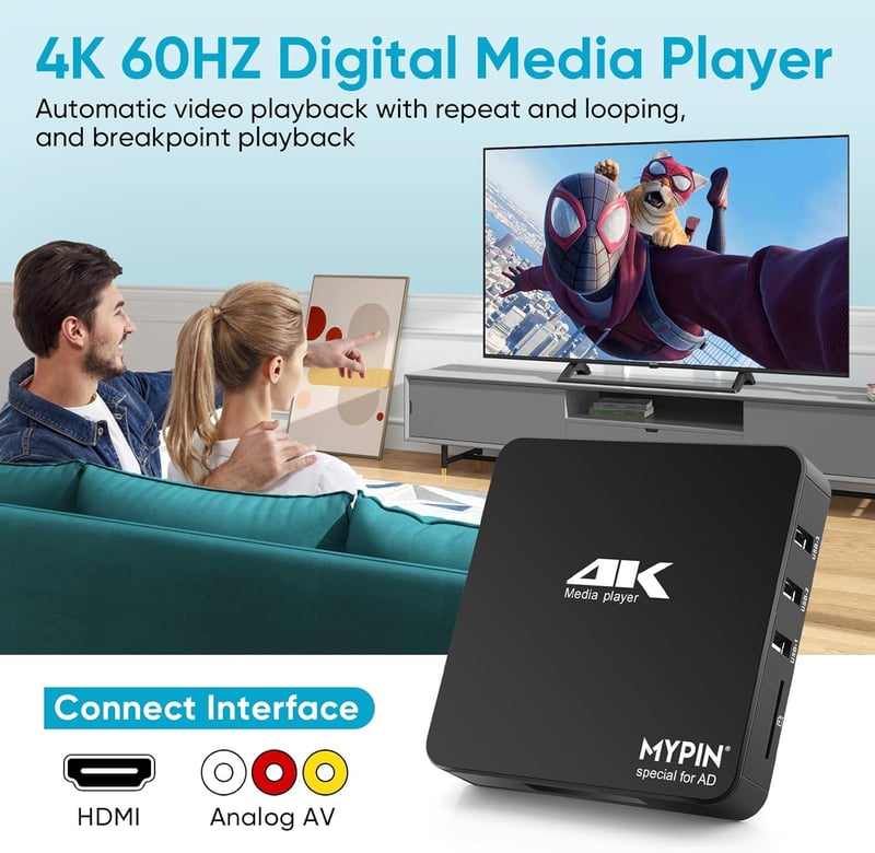 MYPIN 4K 60Hz médialejátszó 8TB HDD/256GB USB/SD kártyához HDMI AV kimenettel