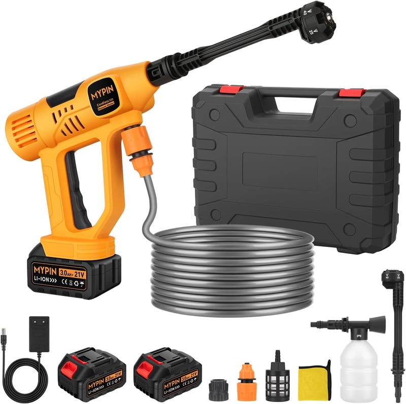 MYPIN 790 PSI Hordozható Vezeték Nélküli Magasnyomású Mosó LCD Kijelzővel, 2 Akkumulátor, 6az1-ben Fúvóka - 790 PSI, 2 Batteries, Yellow