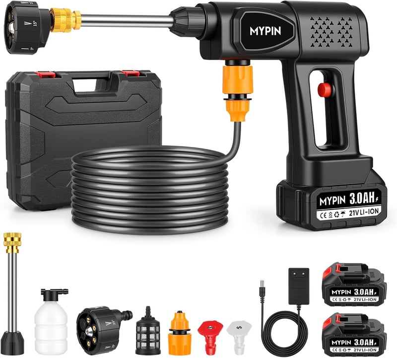 MYPIN akkumulátoros magasnyomású mosó 600 PSI - 21 V, 2 akkumulátorral, 6 az 1-ben fúvókával