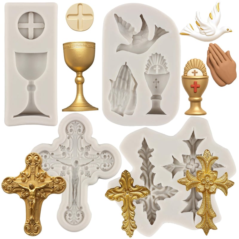 Formă din silicon MYPRACS cu 4 modele de cruce - potir, porumbel al păcii, fondant, decor pentru brioșe, decor pentru tort, ciocolată, pastă de zahăr, botez