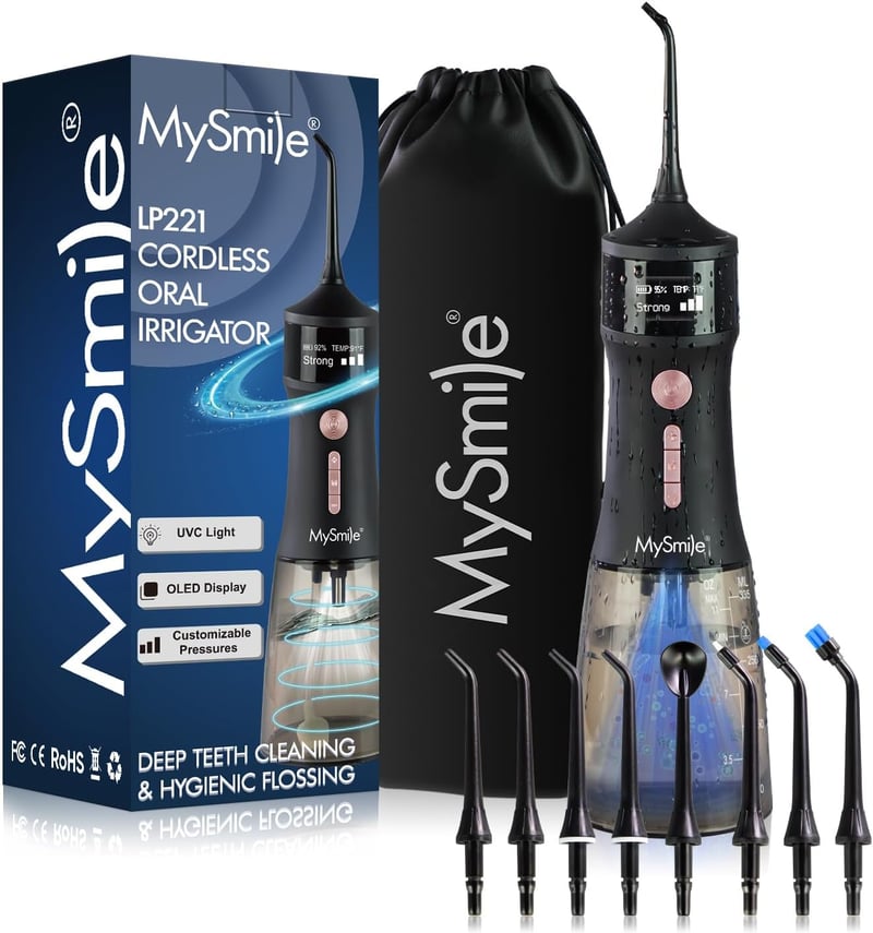 MySmile LP221 Vezeték Nélküli Szájzuhany OLED Kijelzővel - 335ml Víztartály, 4 Üzemmód, 8 Fej, UV Sterilizálás, Utazótáska, Fogköztisztító

