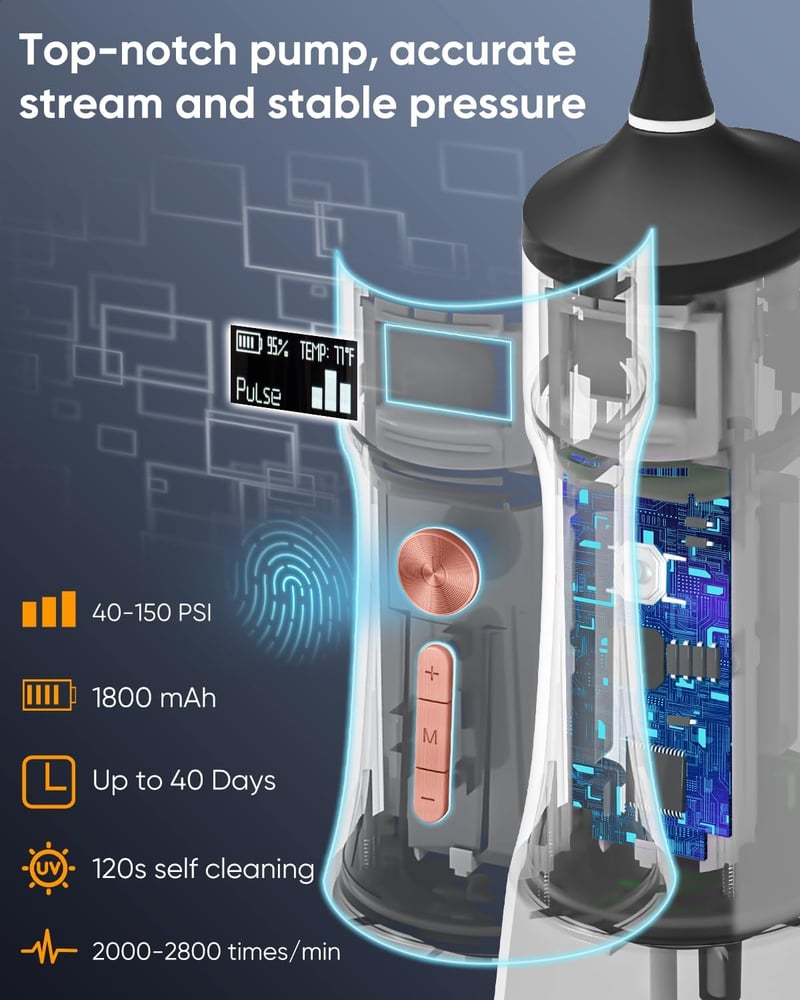 MySmile LP221 Vezeték Nélküli Szájzuhany OLED Kijelzővel - 335ml Víztartály, 4 Üzemmód, 8 Fej, UV Sterilizálás, Utazótáska, Fogköztisztító

