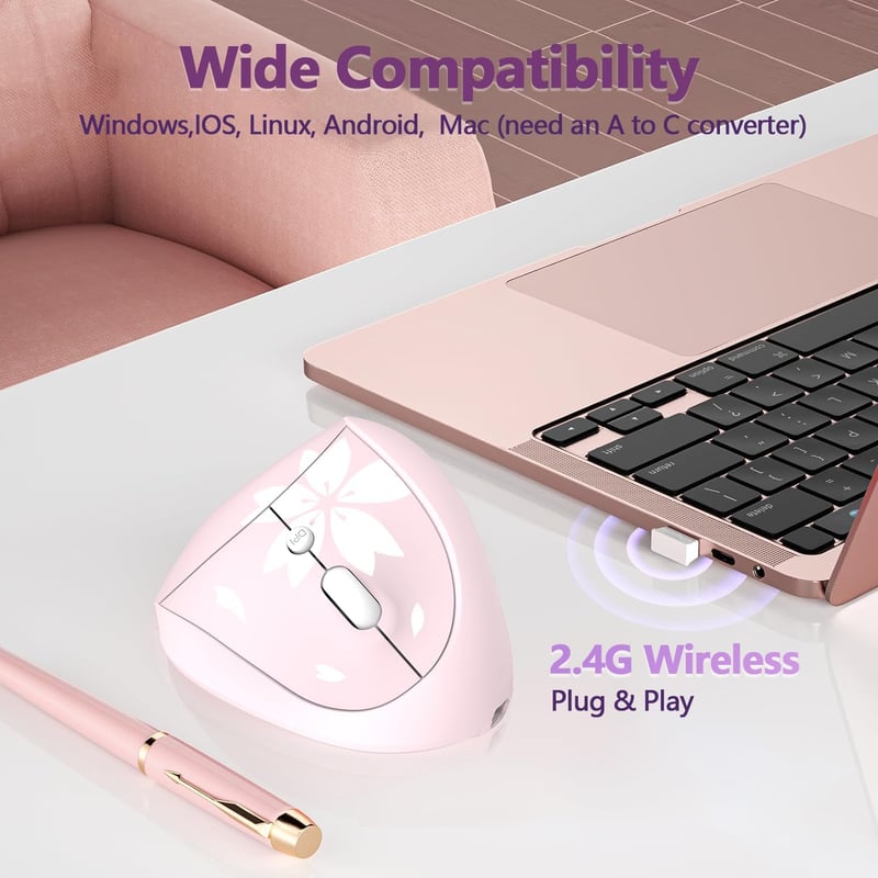 Mytrix Rosa Sakura 2.4GHz vezeték nélküli függőleges egér, újratölthető ergonomikus optikai egér, 3 DPI fokozat, jobbkezes
