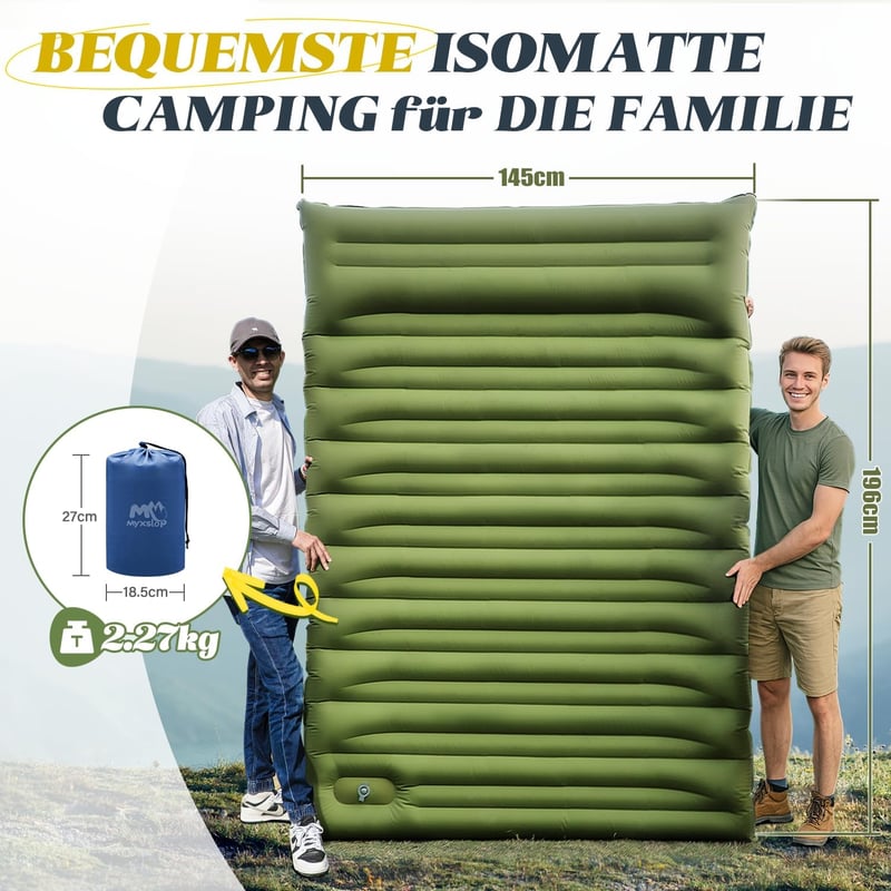 Myxslop Önfelfújó Kempingmatrac 12 cm - Dupla Méretű Ultrakönnyű Matrac Beépített Párnával és Pumpával - Túrázáshoz, Kempingezéshez, Utazásh - Green