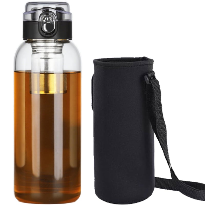 MZSX Staklena boca za vodu s cjedilom za čaj 1500 ml, sa zaštitnom navlakom, nepropusna boca za piće za fitness, planinarenje, kampiranje, školu i ured