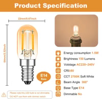 MZYOYO E14 LED Hűtőszekrény Izzó 1.5W Meleg Fehér 2700K Vintage 2