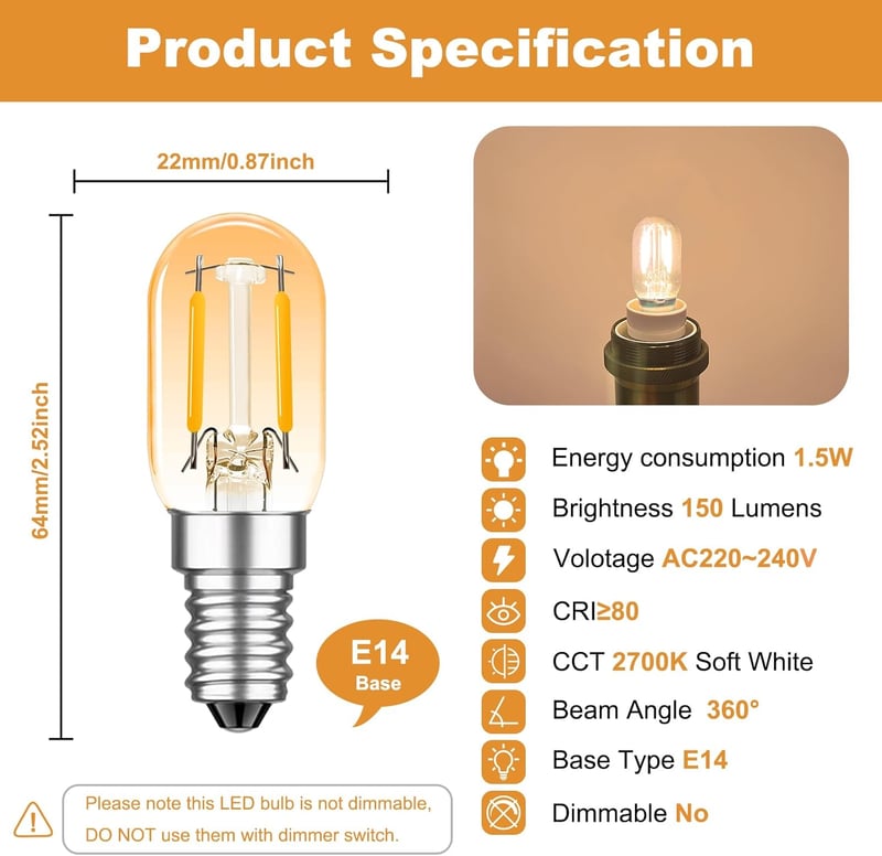 MZYOYO E14 LED Hűtőszekrény Izzó 1.5W Meleg Fehér 2700K Vintage