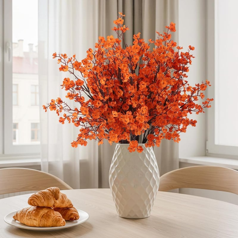N&T NIETING Művirág Fátyolvirág Szett - 12 db Narancssárga Őszi Élethű Gypsophila Dekoráció Esküvőre, Asztaldíszhez, Csokrokhoz, 30 cm