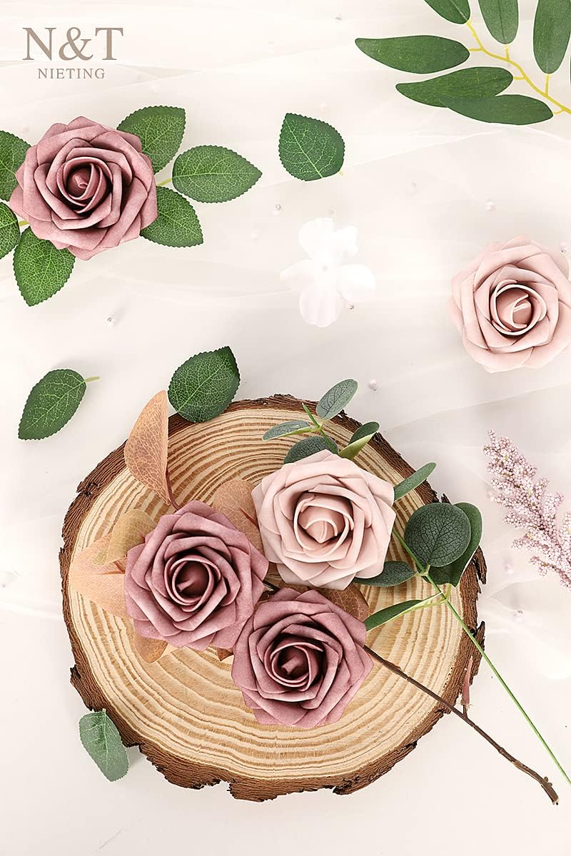 N&T NIETING Művirág Rózsák 25 db Száras Habrózsával - Taupe & Nude Színben Esküvői Dekorációhoz, Asztaldíszhez, Otthoni Díszítéshez