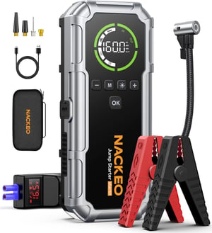 NACKEO 8000 Redresor cu pornire auto 20000 mAh cu compresor 160 PSI, LED 600 lm, afișaj LCD, pentru motoare pe benzină de 12 V și diesel de 12 L