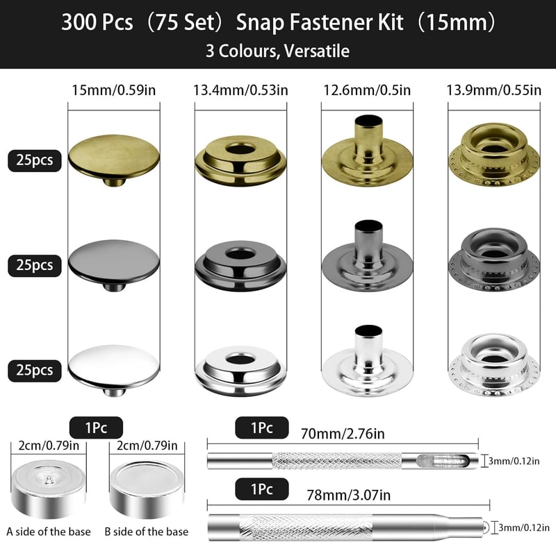 Nadisean 15mm Patentgomb Készlet 300db Fém Fekete Ezüst Bronz Tárolódobozzal