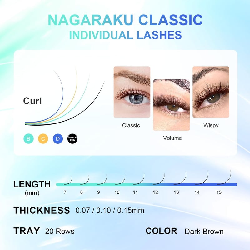NAGARAKU Sötétbarna Műszempilla Szett - Klasszikus 1:1 és Volumen Szempillák, Természetes Hatás, 0.07mm D, 7-15mm Mix, 20 Sor
