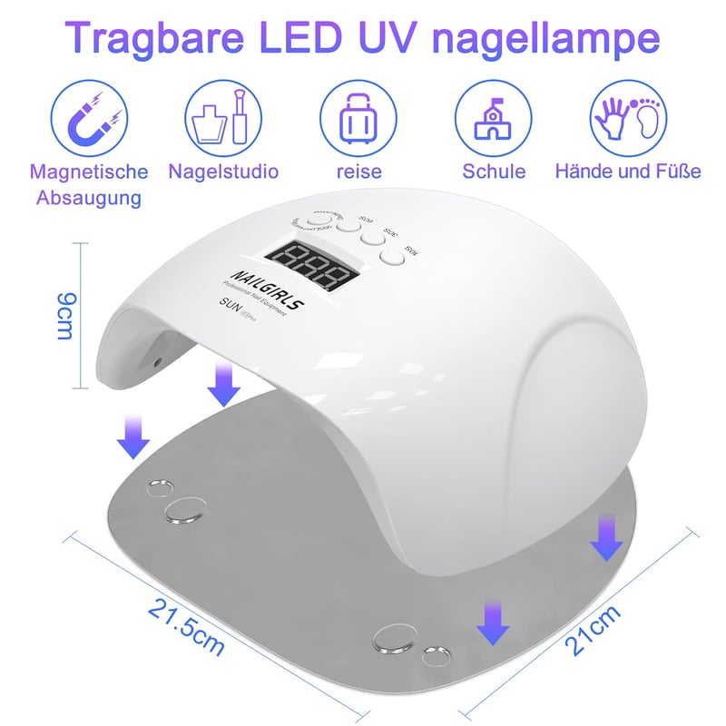 NAILGIRLS 150W LED UV Körömszárító Lámpa - LCD Kijelzővel, 4 Időzítővel, Automata Érzékelővel, Levehető Mágneses Talppal, Műköröm Gél Lakk S