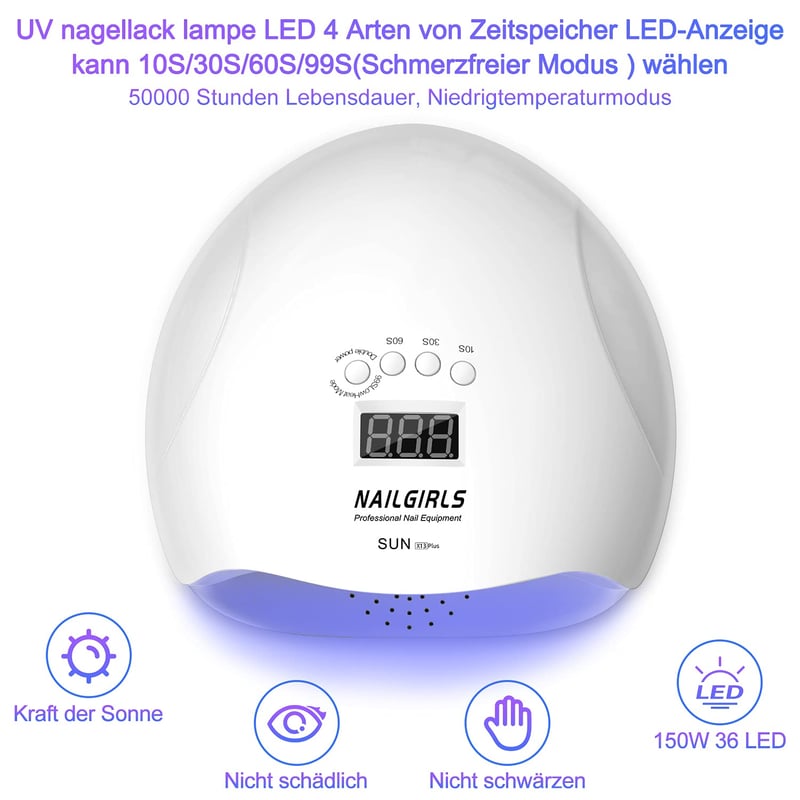 NAILGIRLS 150W LED UV Körömszárító Lámpa - LCD Kijelzővel, 4 Időzítővel, Automata Érzékelővel, Levehető Mágneses Talppal, Műköröm Gél Lakk S