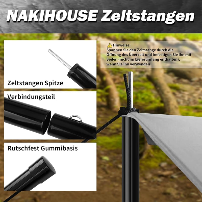 NAKIHOUSE Alumínium Teleszkópos Sátorrúd Szett (2db) - Állítható 40-200 cm, Ponyvához, Napvitorlához, Kempinghez, Tárolótáskával