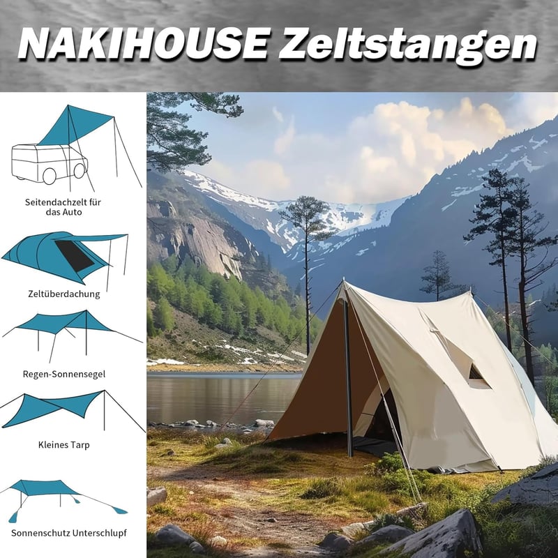NAKIHOUSE Alumínium Teleszkópos Sátorrúd Szett (2db) - Állítható 40-200 cm, Ponyvához, Napvitorlához, Kempinghez, Tárolótáskával