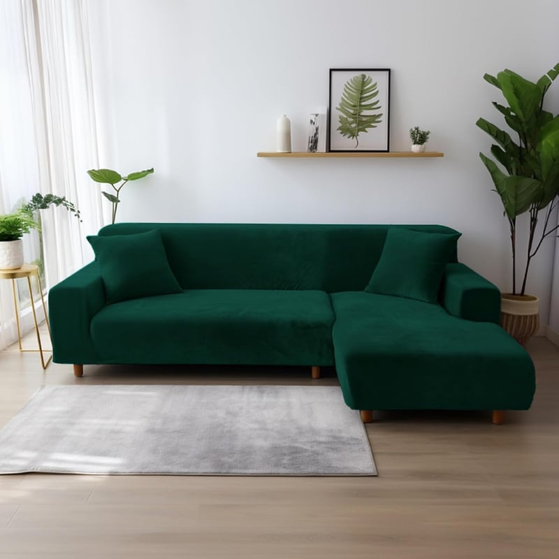 NAKIHOUSE Vastag Bársony Kanapévédő Takaró Sötétzöld 1-4 Személyes Rugalmas Huzat Párnával - 2 Sitzer für Sofalänge 139-175cm, Dark Green