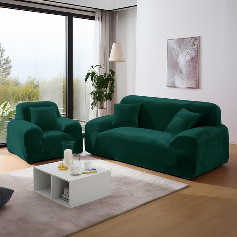 NAKIHOUSE Vastag Bársony Kanapévédő Takaró Sötétzöld 1-4 Személyes Rugalmas Huzat Párnával - 2 Sitzer für Sofalänge 139-175cm, Dark Green