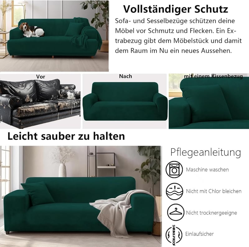 NAKIHOUSE Vastag Bársony Kanapévédő Takaró Sötétzöld 1-4 Személyes Rugalmas Huzat Párnával - 2 Sitzer für Sofalänge 139-175cm, Dark Green