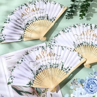 Namalu eukaliptusz mintás hajtogatható bambusz kézi legyező organza tasakkal - fehér - 60 db 3
