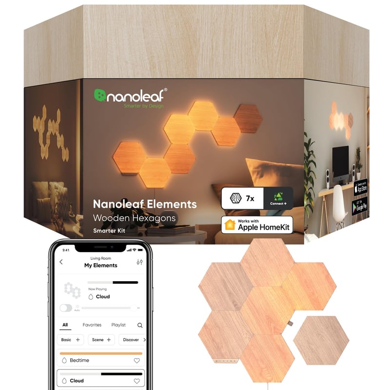 Nanoleaf Elements Hexagons Starter Kit – Set od 7 LED zidnih panela s efektom drva, modularna pametna rasvjeta