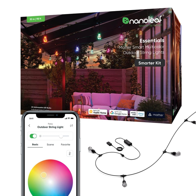 Vonkajšia LED svetelná reťaz Nanoleaf Essentials Matter 30 m Starter Kit RGBICW – 16 miliónov farieb, vodoodolnosť IP65, 40 stmievateľných žiaroviek, Wi-Fi, Bluetooth