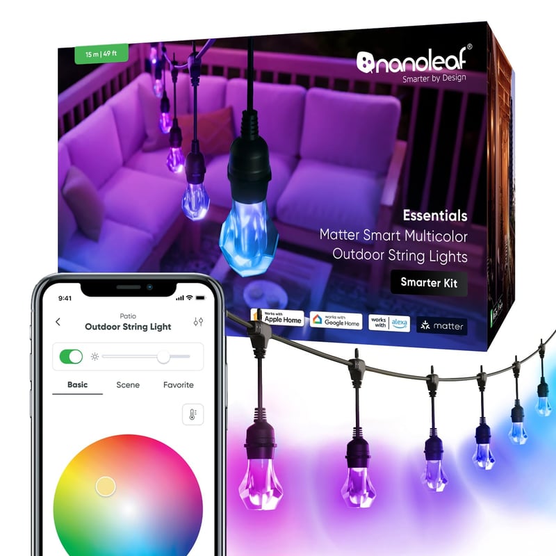 Nanoleaf Smart LED pametni svjetlosni lanac za vanjsku upotrebu 15 m početni komplet - 20 RGBICW žarulja s mogućnošću prigušivanja, IP65 vodootporan, WiFi aplikacija i glasovna kontrola, Alexa Siri Google Home, za balkon, vrt i zabave