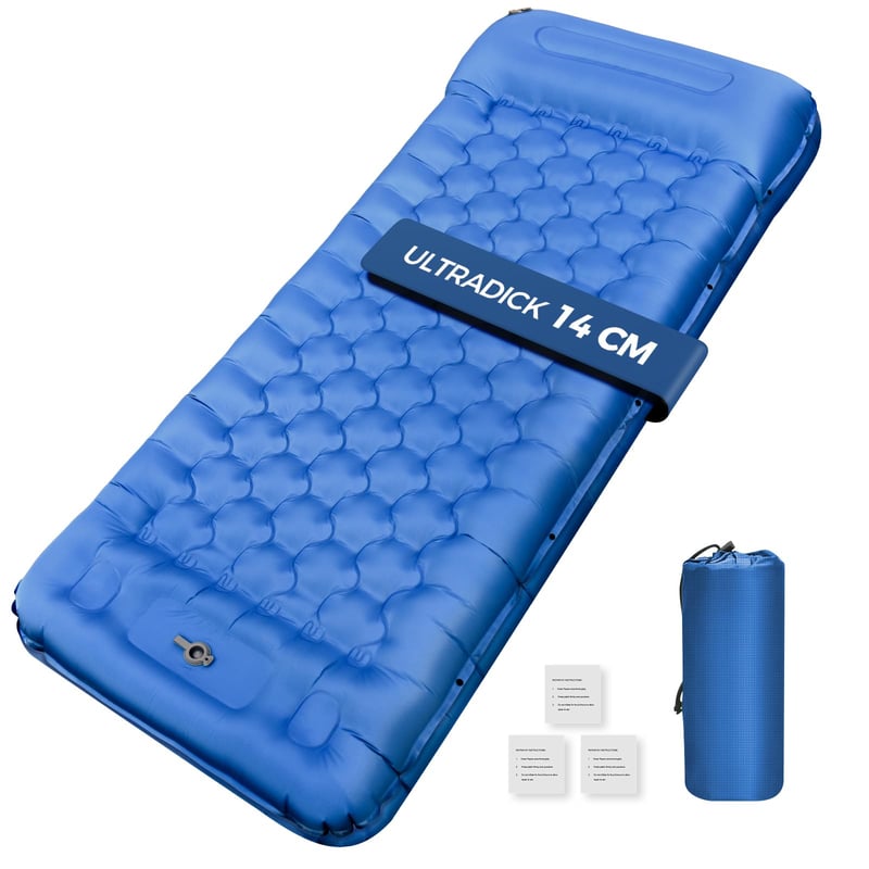 Saltea de camping gonflabilă NAPASA, grosime 14 cm, cu pompă de picior integrată și pernă, impermeabilă, albastră – pentru drumeții, plajă, călătorii, cort