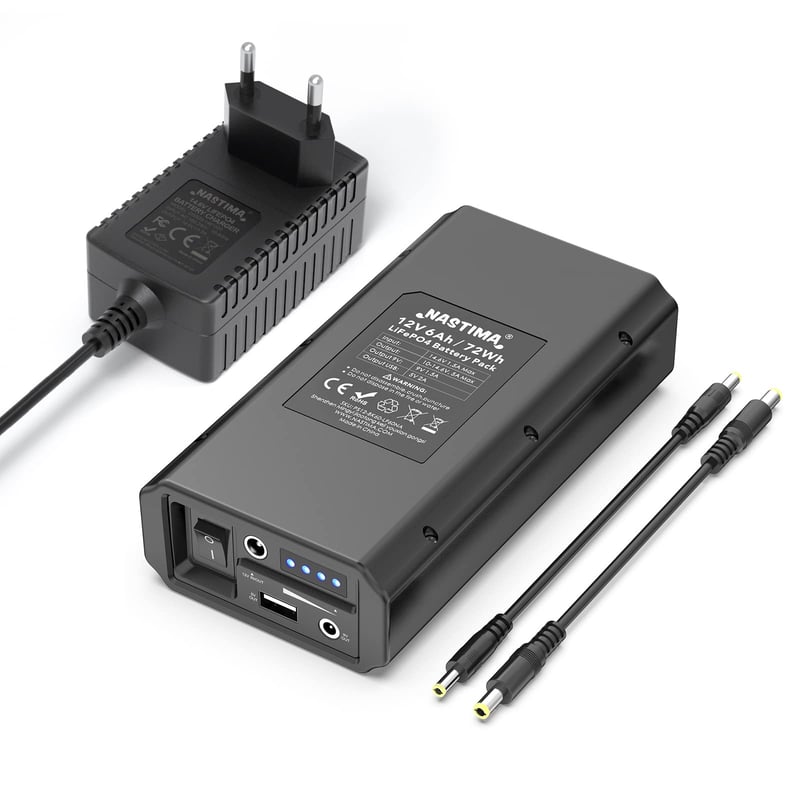 NASTIMA 12V 6000mAh 72Wh LiFePO4 powerbank, 12V 9V DC a 5V USB výstupom pre LED pásy, CCTV kamery, s nabíjačkou