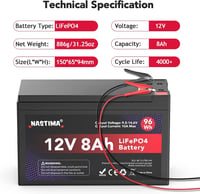 NASTIMA 12V 8Ah LiFePO4 Akkumulátor BMS Védelemmel, 4000 Ciklus, Napelem Rendszerhez 2