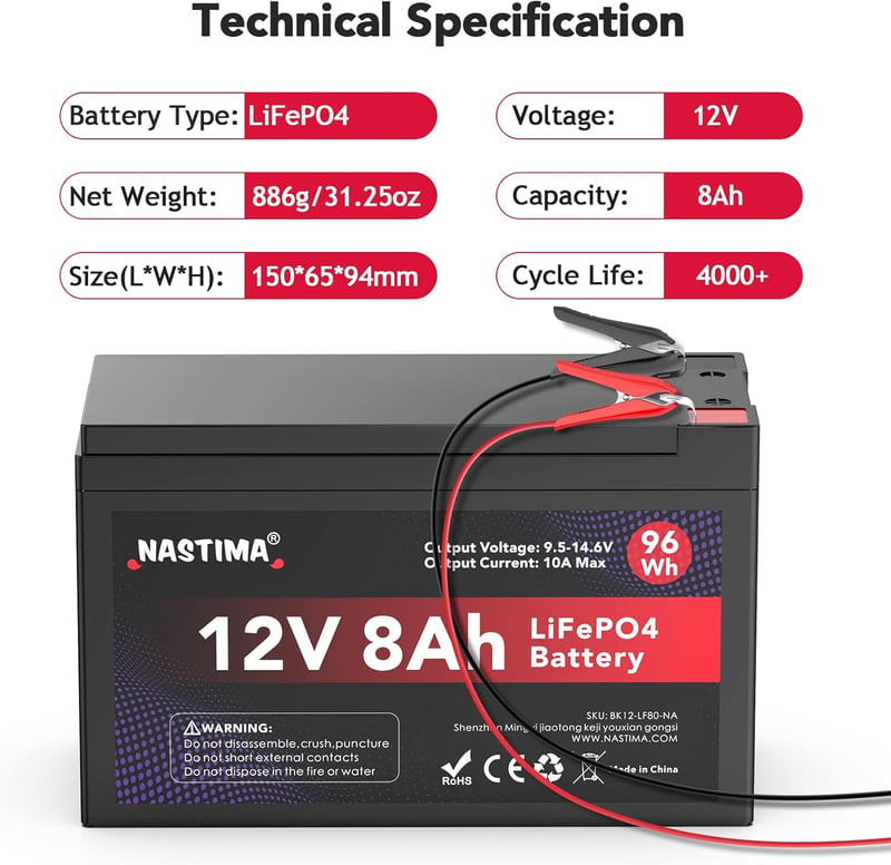 NASTIMA 12V 8Ah LiFePO4 Akkumulátor BMS Védelemmel, 4000 Ciklus, Napelem Rendszerhez