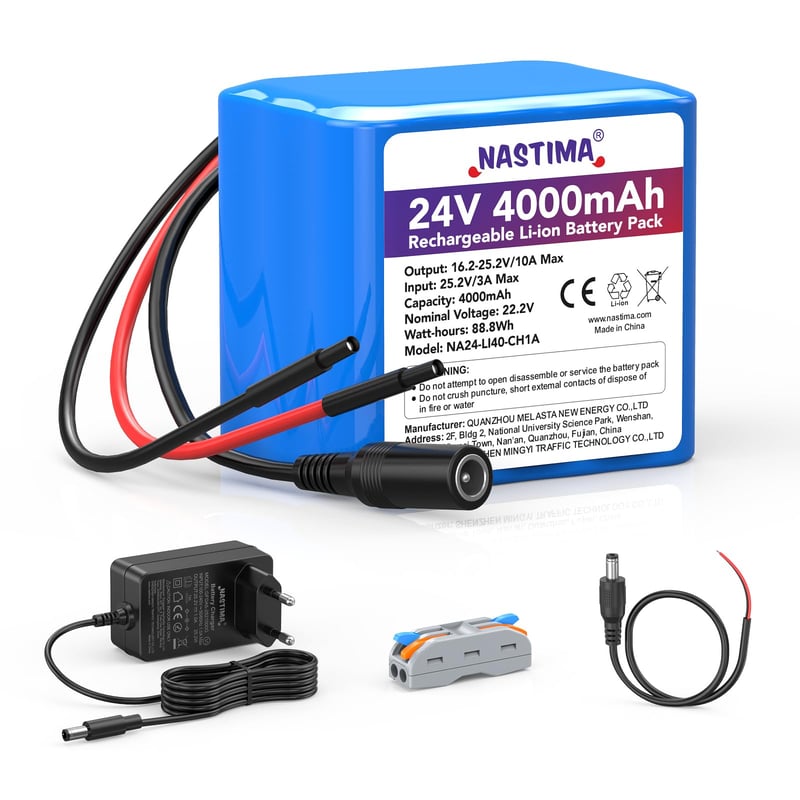 Nabíjateľná lítium-iónová batéria NASTIMA 4000 mAh 88,8 Wh 24 V pre Bluetooth reproduktory, RC autá a solárne systémy – s nabíjačkou a konektormi
