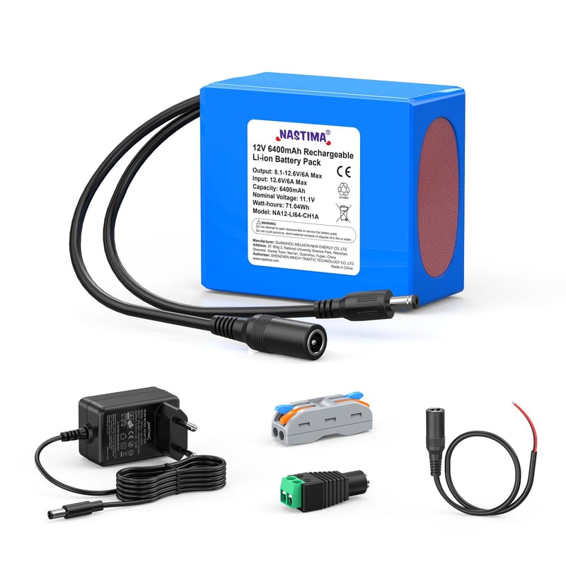 Nabíjateľná lítium-iónová batéria NASTIMA 6400 mAh 71,04 Wh 12 V pre kamery, videokamery, CCTV kamery, smerovače, rádiá – s nabíjačkou a konektorom