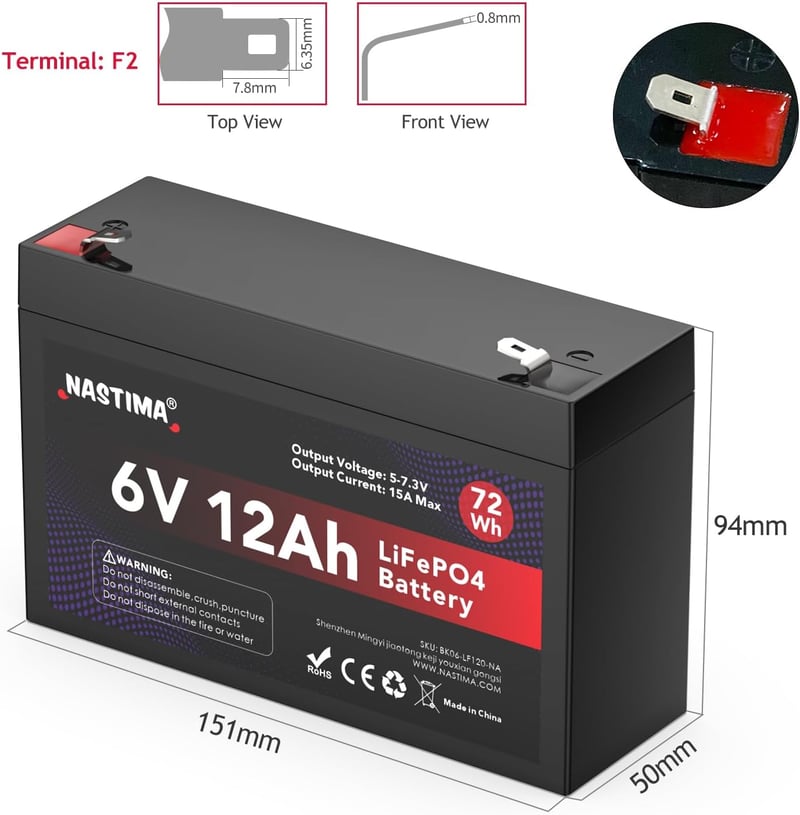 NASTIMA 6V 12Ah LiFePO4 Akkumulátor BMS Védelemmel, 4000 Ciklus