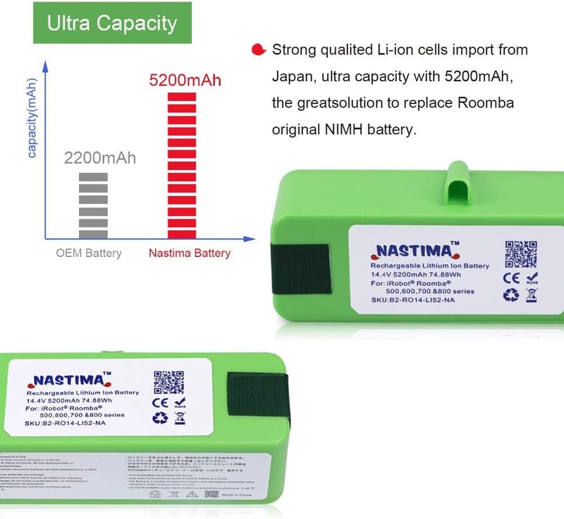 NASTIMA Xlife 14,4V 5200mAh Lítium-ion Akkumulátor iRobot Roomba Porszívókhoz - Kompatibilis 600-900 Sorozattal, 3,5 Órás Üzemidő