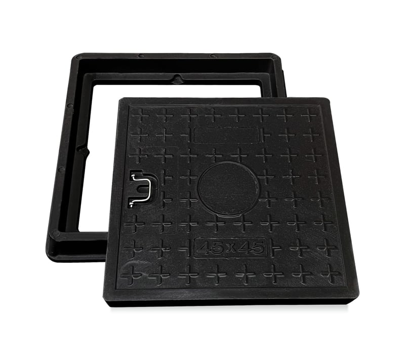 Natotela GRP üvegszálas aknafedél kerettel és fogantyúval 450x450 mm, nyílásméret 356x356 mm, A15, fekete - gyephez, udvarhoz, kerthez, teraszhoz