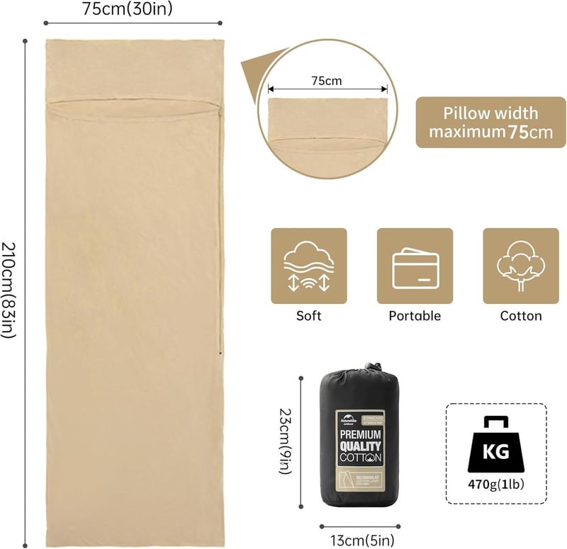 Naturehike Hálózsák Betét 100% Pamut Ultrakönnyű Sárga 210x75cm Nyári Túrázáshoz Szállodákhoz Hordtáskával