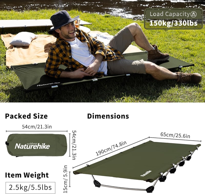 Naturehike ultralight kemping ágy 150 kg terhelhetőséggel, hordozható összecsukható kempingágy - Dark Green