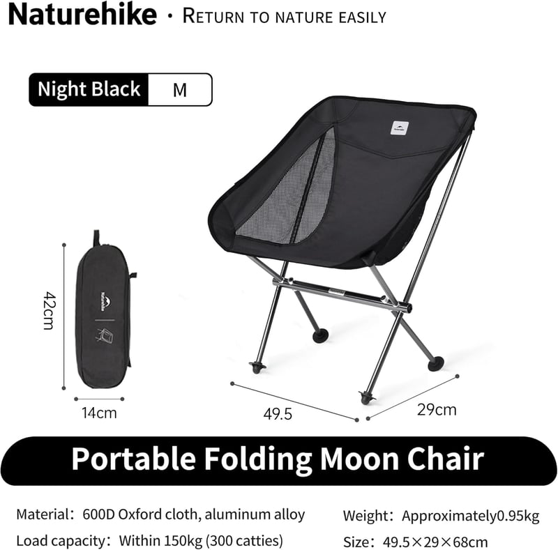 Scaun de camping pliabil Naturehike Ultralight Negru, capacitate 150 kg, pentru pescuit, picnic, drumeții, activități în aer liber