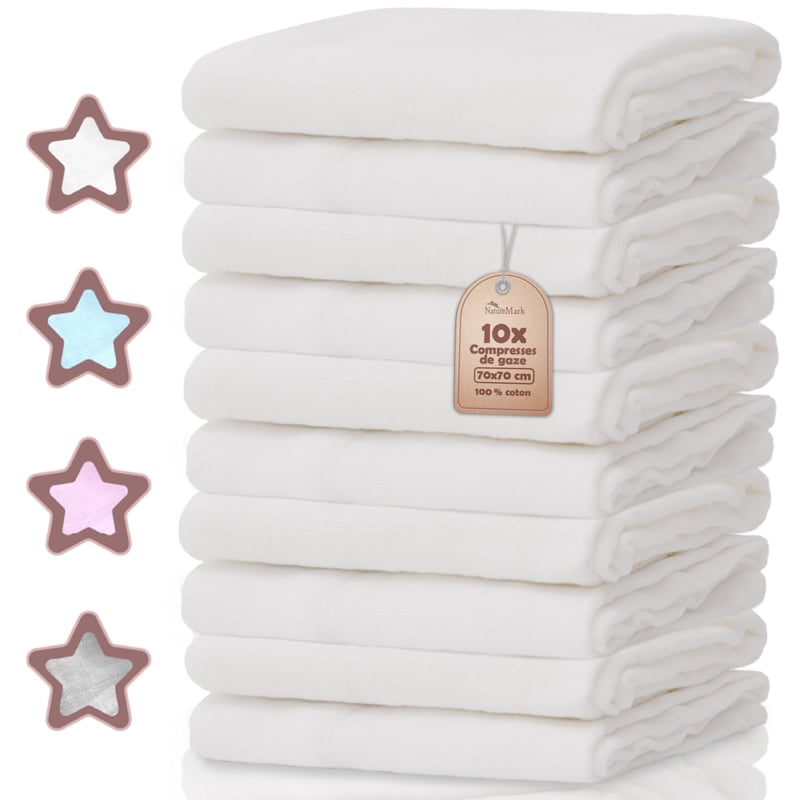 NatureMark mušelínové plienky 10 ks - 100% bavlna - mäkké utierky na dojčenie a starostlivosť o bábätko, prateľné plienky, zavinovačka a utierky - 70x70 cm, biele