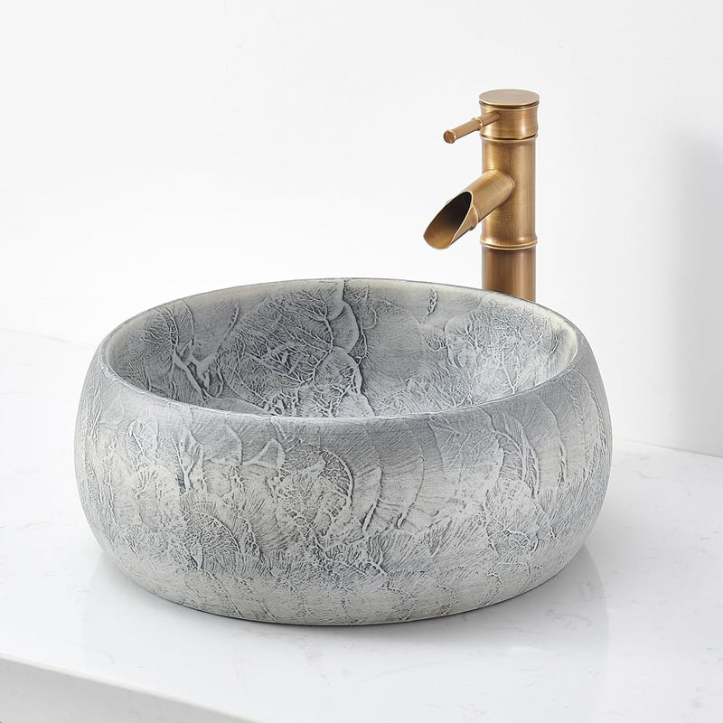 NATURFLAIR Kerámia Mosdókagyló - Kerek Pultra Szerelhető Kézmosó 39x15,5 cm, Kézzel Készített, Cement Szürke, Modern Fürdőszobai Mosdótál