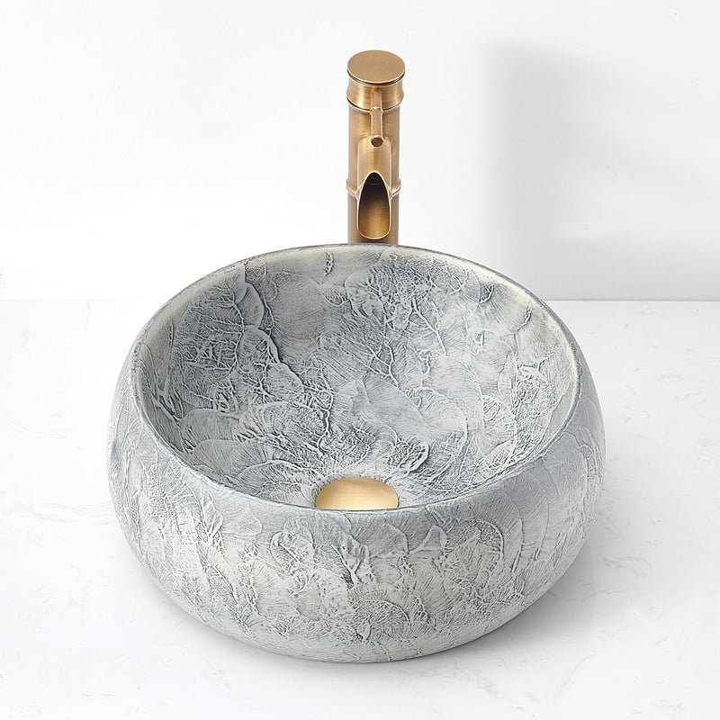 NATURFLAIR Kerámia Mosdókagyló - Kerek Pultra Szerelhető Kézmosó 39x15,5 cm, Kézzel Készített, Cement Szürke, Modern Fürdőszobai Mosdótál