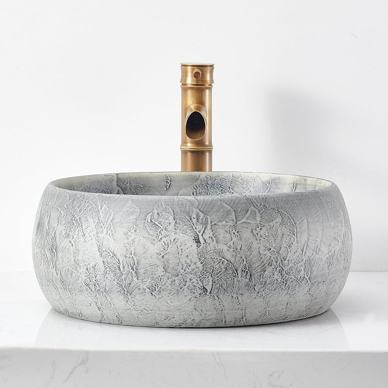 NATURFLAIR Kerámia Mosdókagyló - Kerek Pultra Szerelhető Kézmosó 39x15,5 cm, Kézzel Készített, Cement Szürke, Modern Fürdőszobai Mosdótál