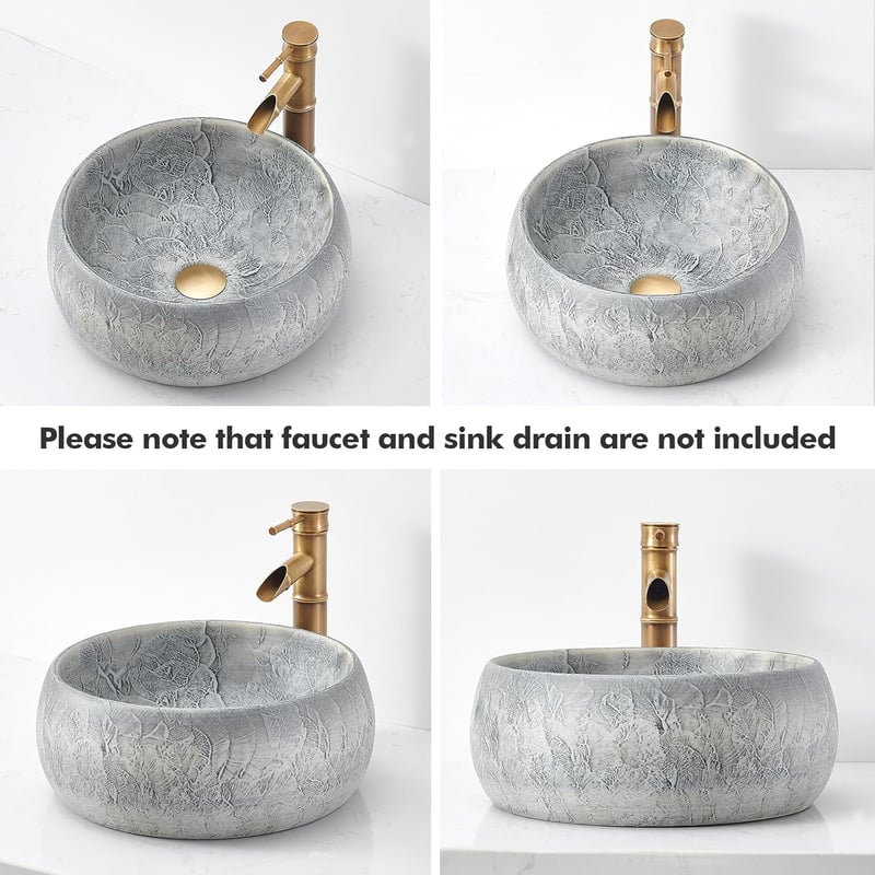 NATURFLAIR Kerámia Mosdókagyló - Kerek Pultra Szerelhető Kézmosó 39x15,5 cm, Kézzel Készített, Cement Szürke, Modern Fürdőszobai Mosdótál