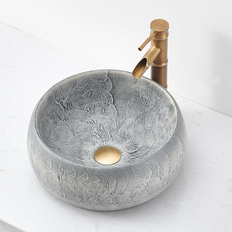NATURFLAIR Kerámia Mosdókagyló - Kerek Pultra Szerelhető Kézmosó 39x15,5 cm, Kézzel Készített, Cement Szürke, Modern Fürdőszobai Mosdótál