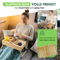 naturlik 3 u 1 kauč bar snack box sa sklopivim nogama – XL pladanj, poslužavnik za krevet i stol za laptop – 3 zdjelice od nehrđajućeg čelika i držač za čaše – bambus 5
