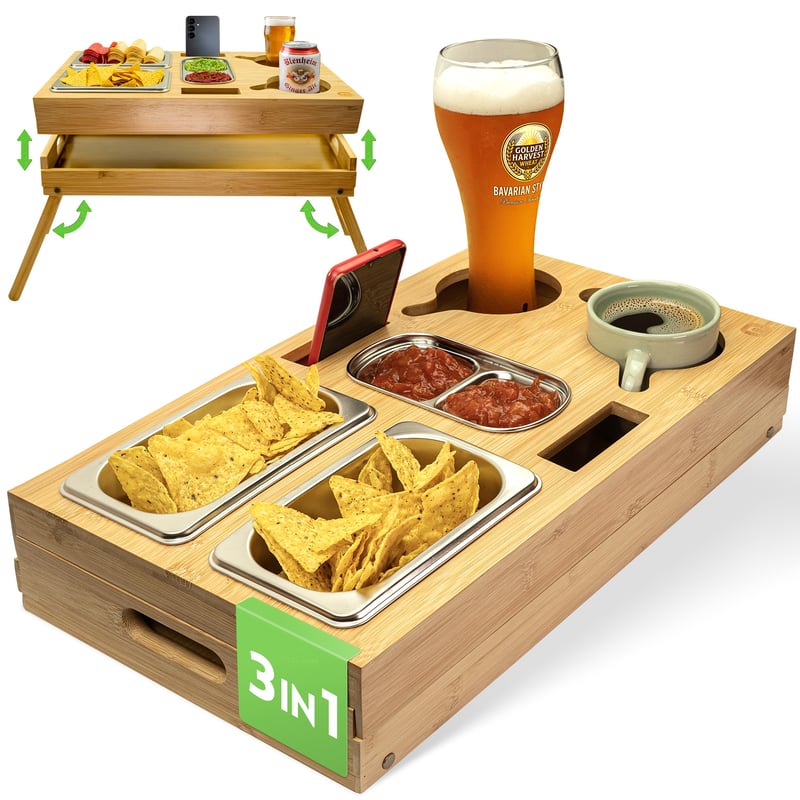 naturlik 3 u 1 kauč bar snack box sa sklopivim nogama – XL pladanj, poslužavnik za krevet i stol za laptop – 3 zdjelice od nehrđajućeg čelika i držač za čaše – bambus