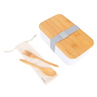 Casetă pentru prânz Naturoom Bento pentru adulți și copii - Recipient pentru alimente cu separator, furculiță din lemn, lingură din lemn, geantă din bumbac și capac din bambus cu funcție de tocător 1