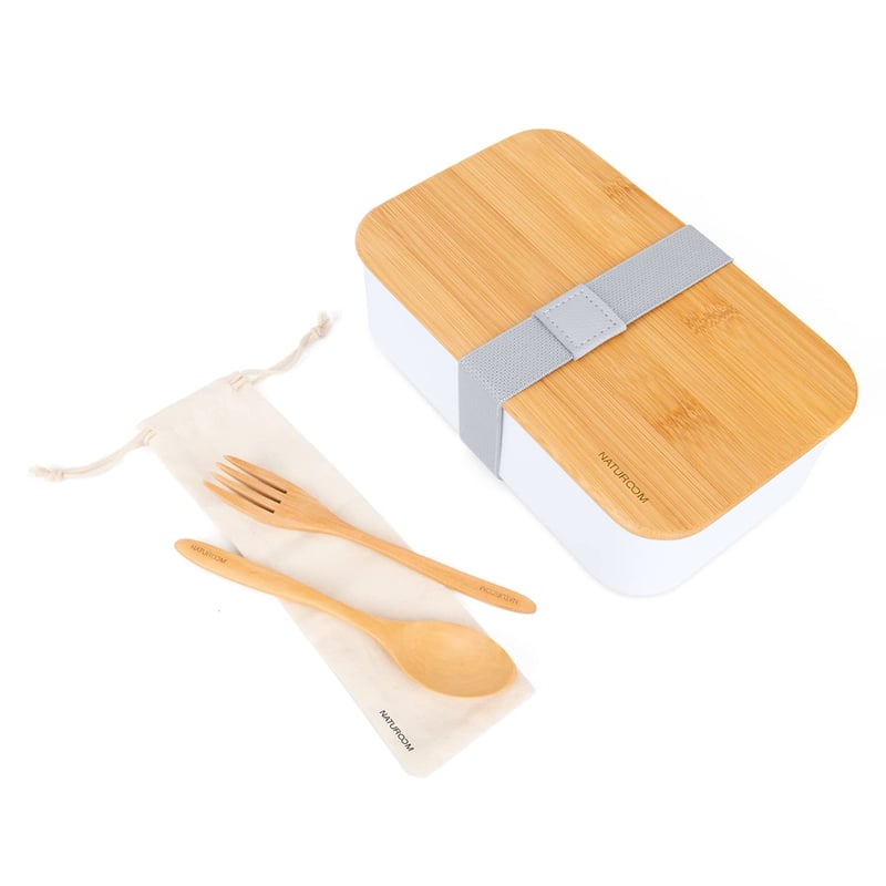 Casetă pentru prânz Naturoom Bento pentru adulți și copii - Recipient pentru alimente cu separator, furculiță din lemn, lingură din lemn, geantă din bumbac și capac din bambus cu funcție de tocător